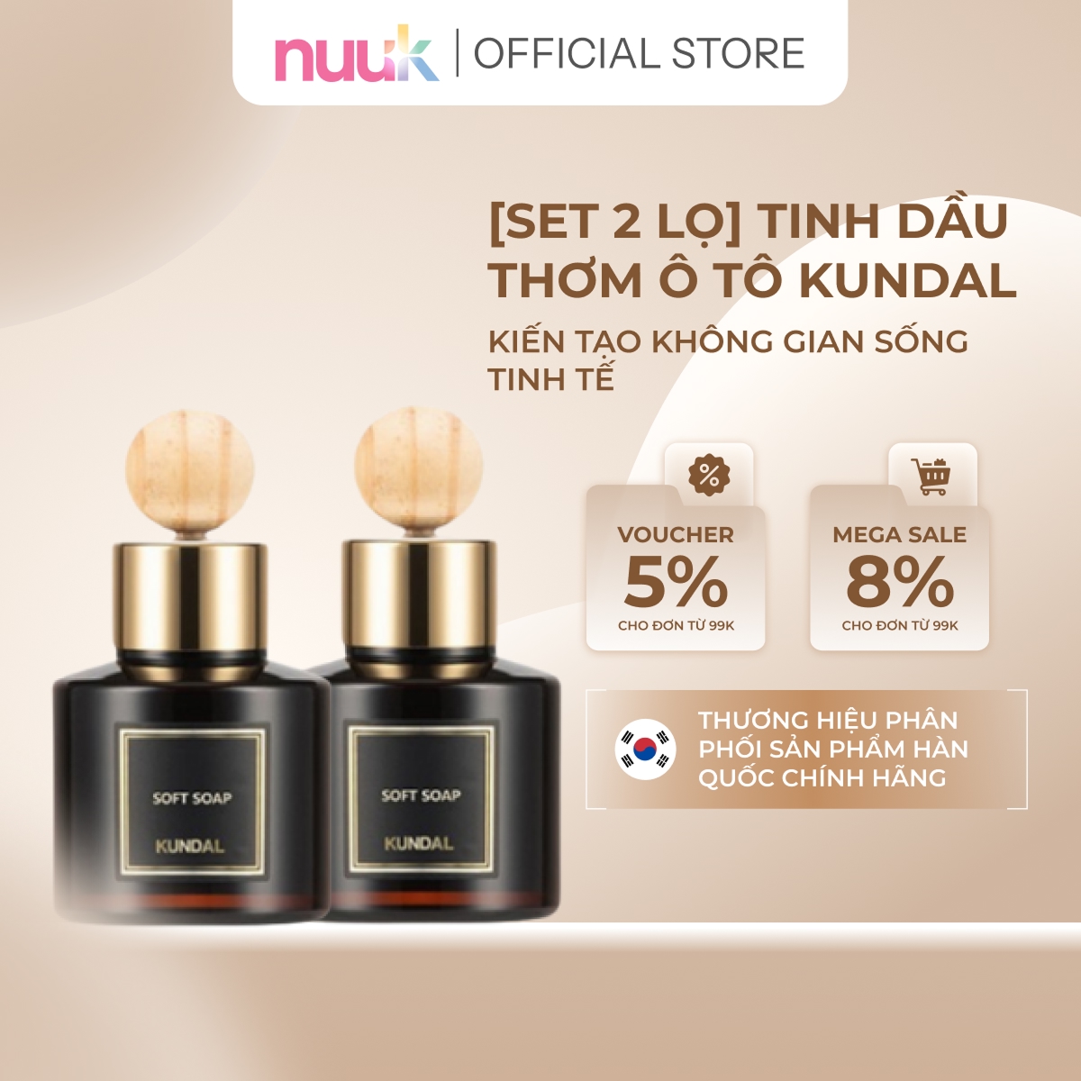Set 2 Lọ Tinh Dầu Thơm Ô Tô Nhẹ Nhàng Kundal 75ml