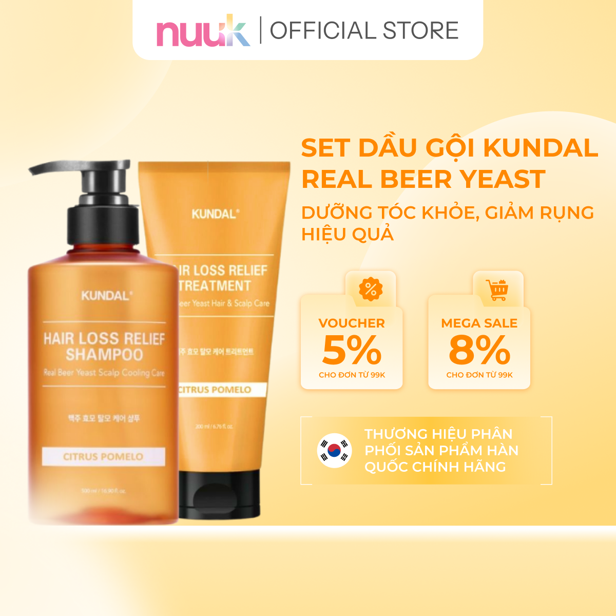 Set Gội Xả Ngăn Rụng Tóc Kundal Real Beer Yeast