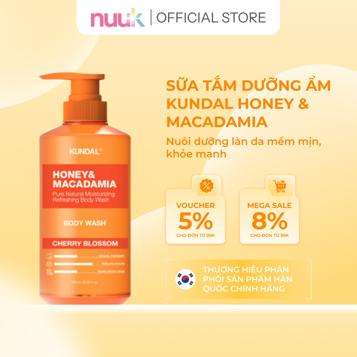 Sữa Tắm Dưỡng Ẩm Trắng Da Kundal Honey Macadamia